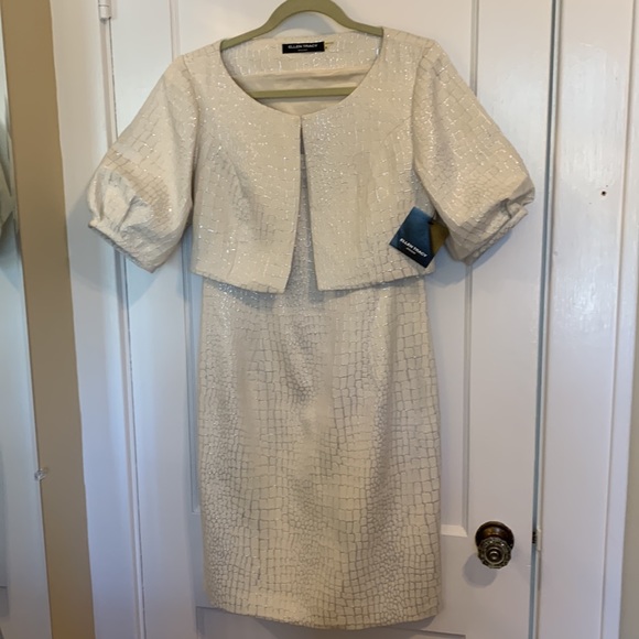New STUNNING Ellen Tracy Ivory & Silver Abstract Snake Dress & Jacket Topper 8 - Picture 3 of 10